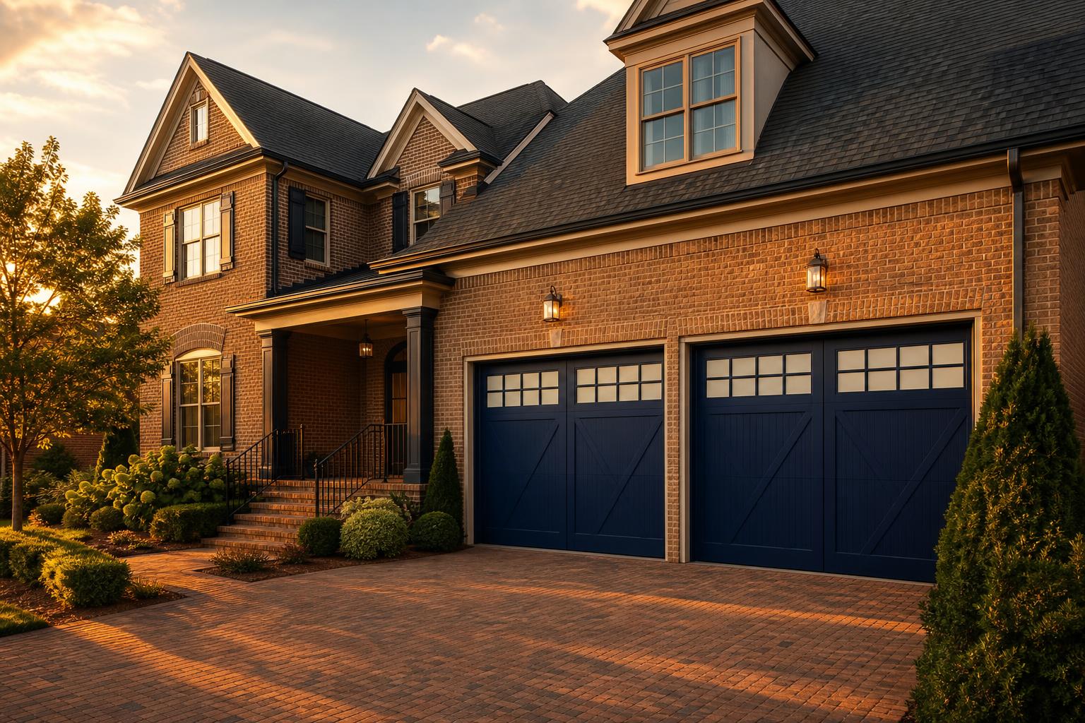 Modern Rock Hill, SC brick home with a navy carriage-style garage door at golden hour